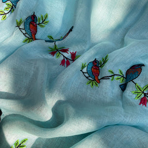 Bird Embroidered Linen Saree in Pastels