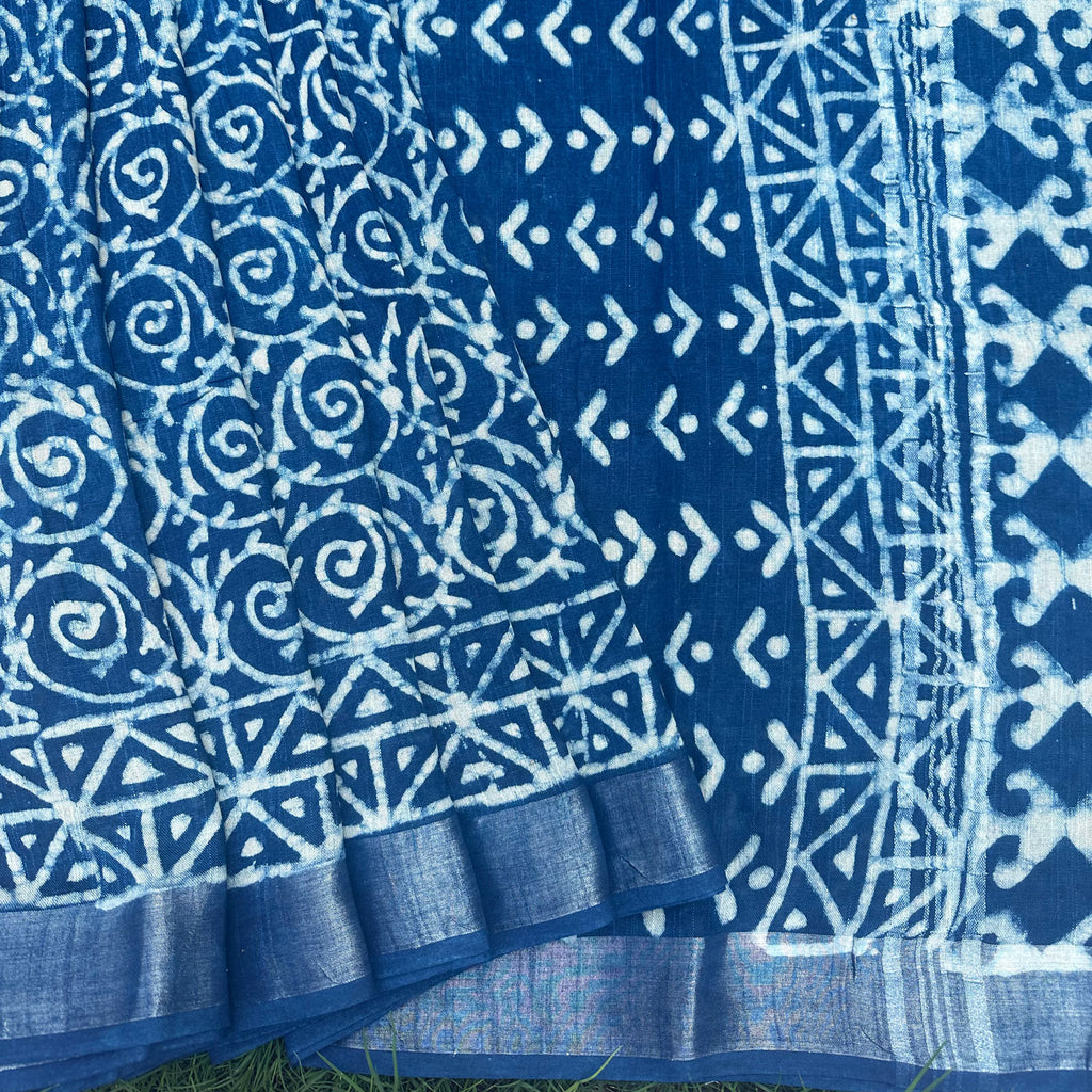 Indigo Hand Block Cotton Linen Saree