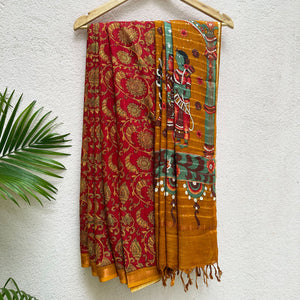 Aurora Red Organic Linen Saree