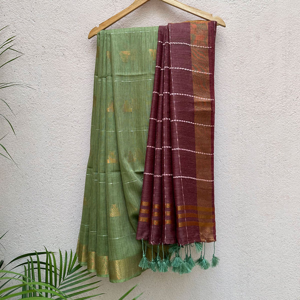 পসর-Posor by Mridha - Presenting Bamboo silk saree with tussles in pallu  with Same Blouse as per saree design. Price : 2900+ delivery charge.  Delivery in 15-20 days. | Facebook
