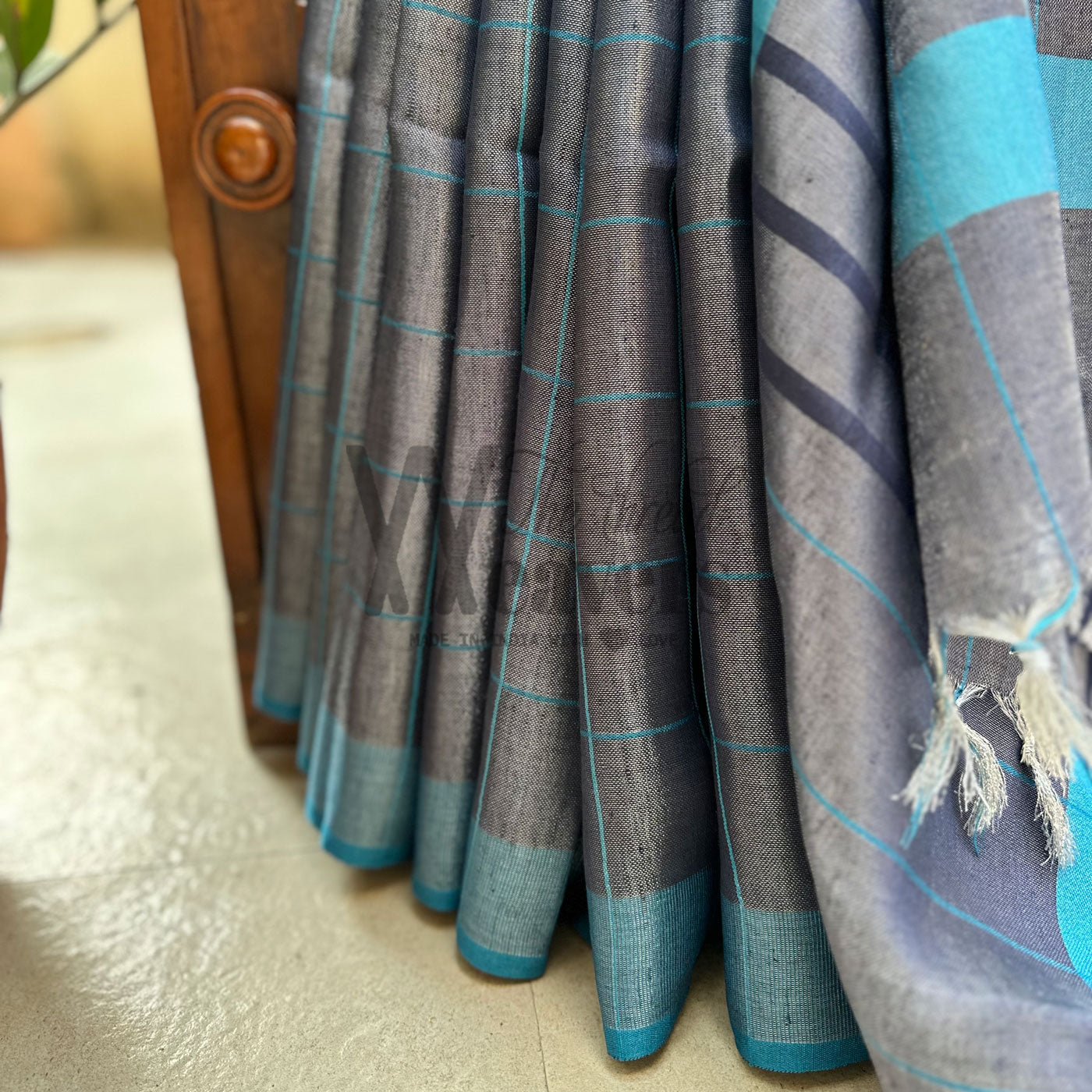 Blue Graphite Zari Linen Saree