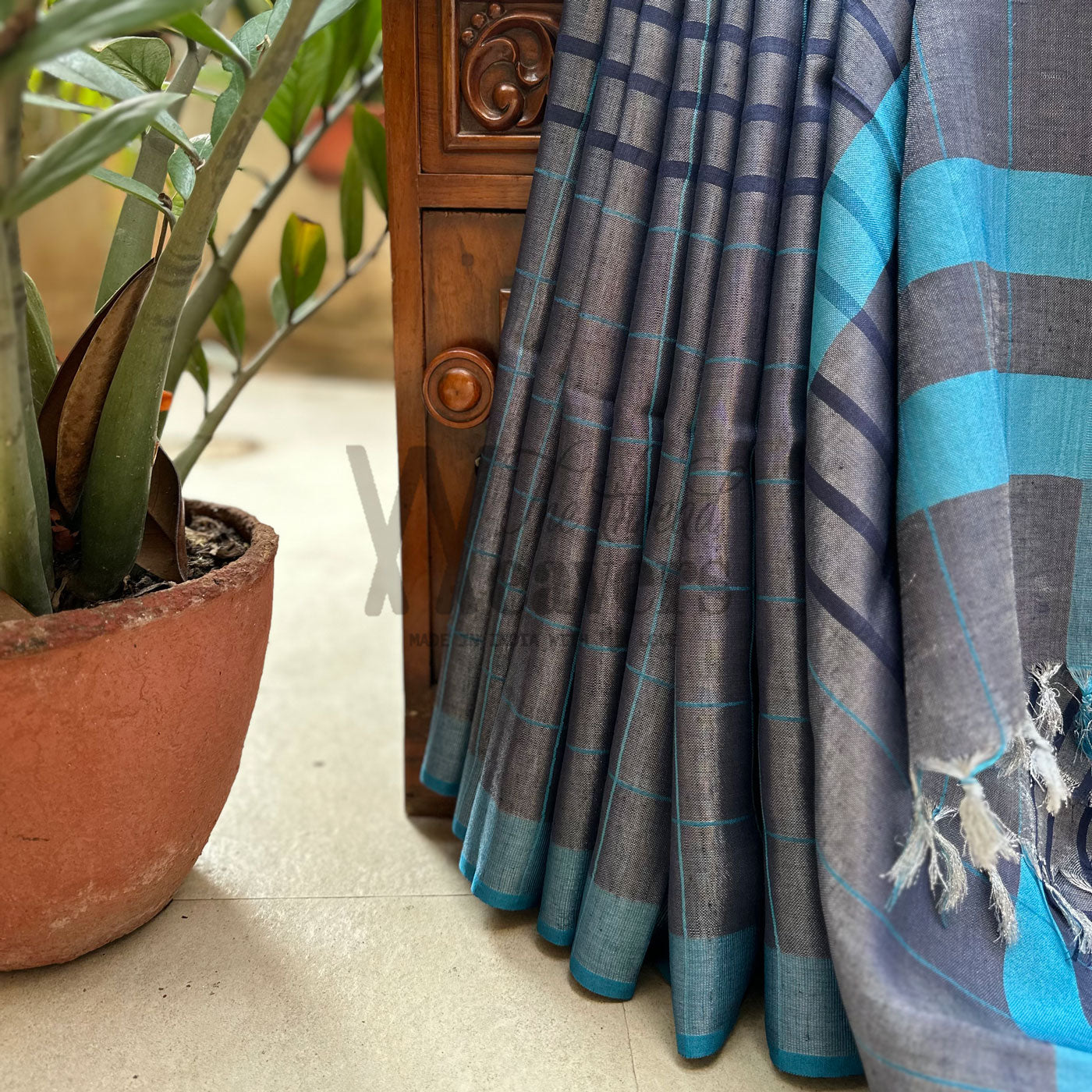 Blue Graphite Zari Linen Saree