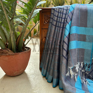 Blue Graphite Zari Linen Saree