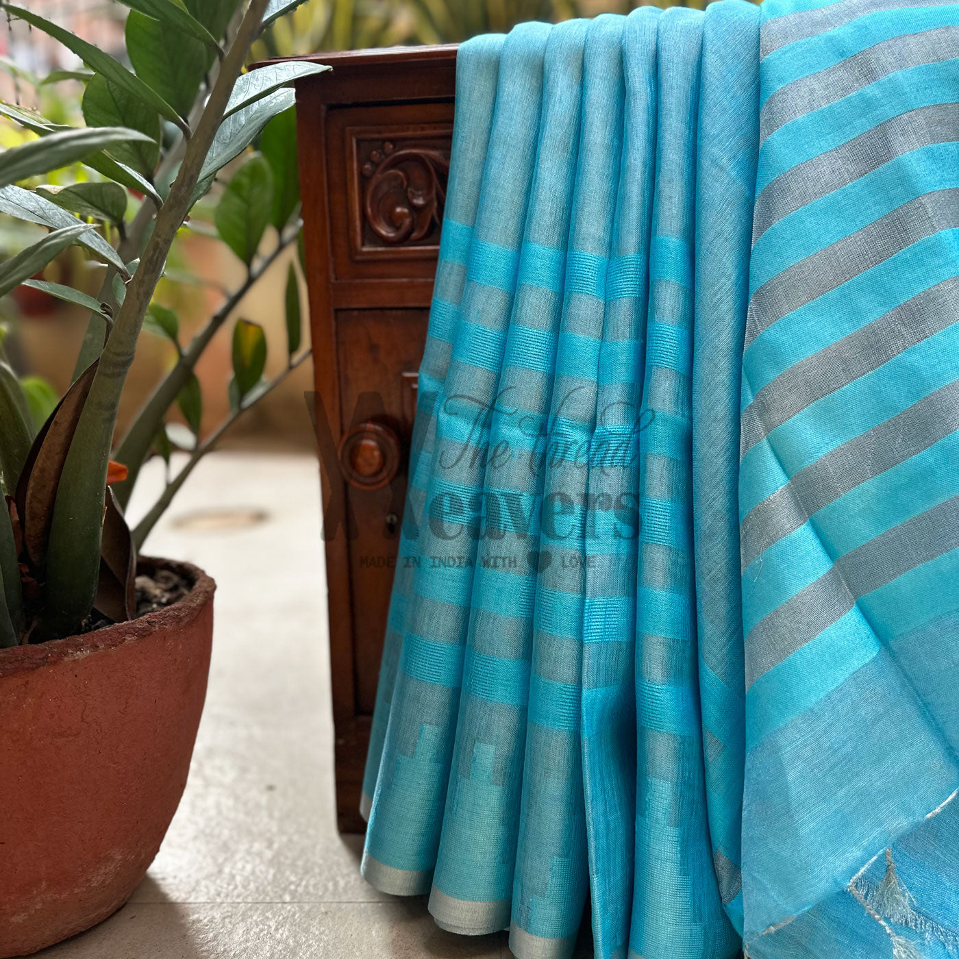 Blue Lagoon Zari Linen Saree