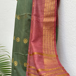 Load image into Gallery viewer, Bronze Green Cotton Bamboo Silk Saree
