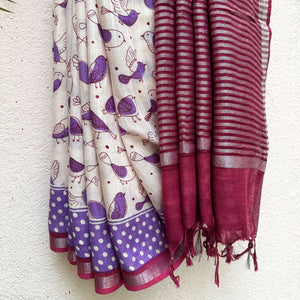 Fairy Wren Bird Cotton Saree