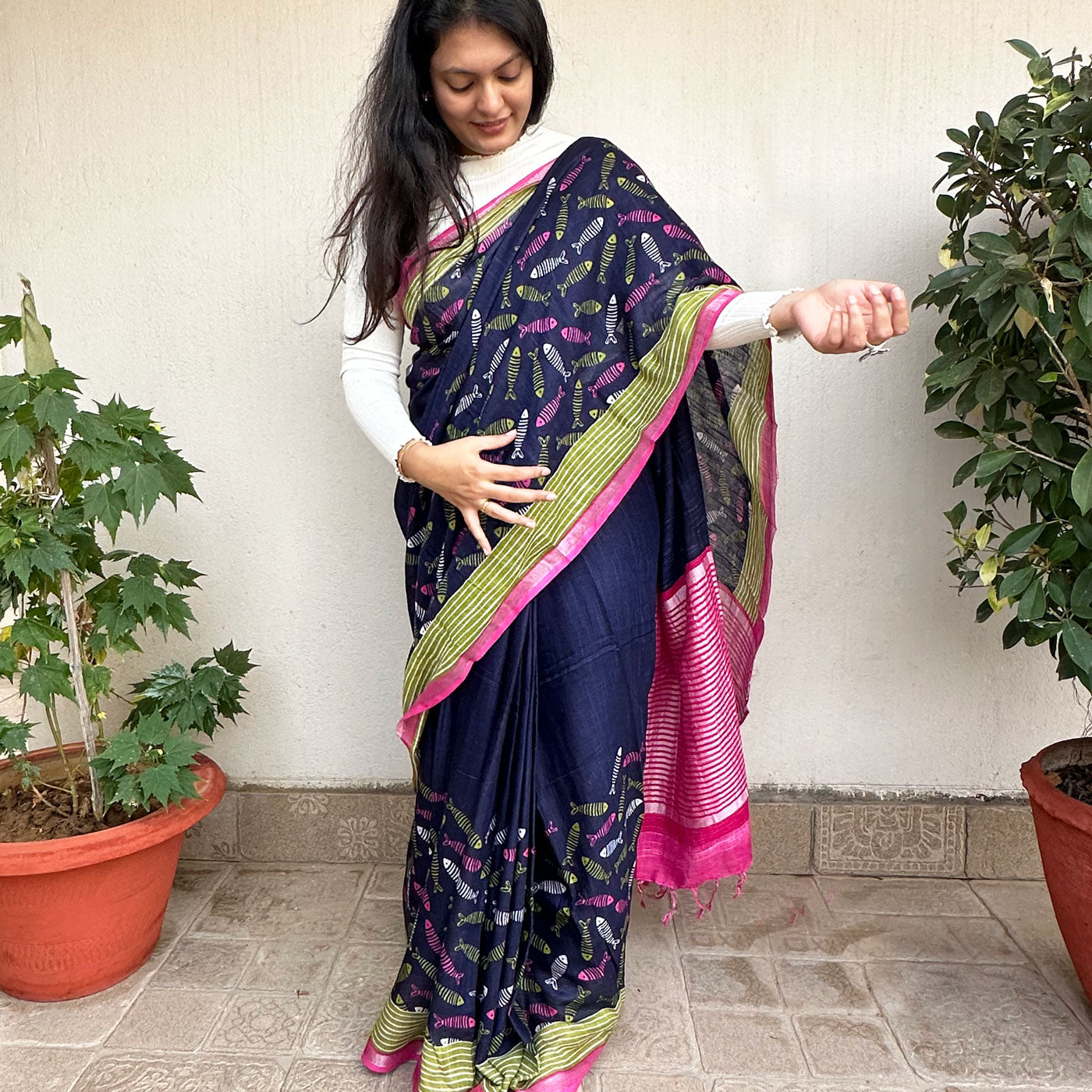 Fishing Blues Cotton Saree