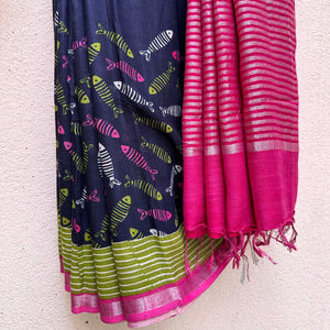 Fishing Blues Cotton Saree