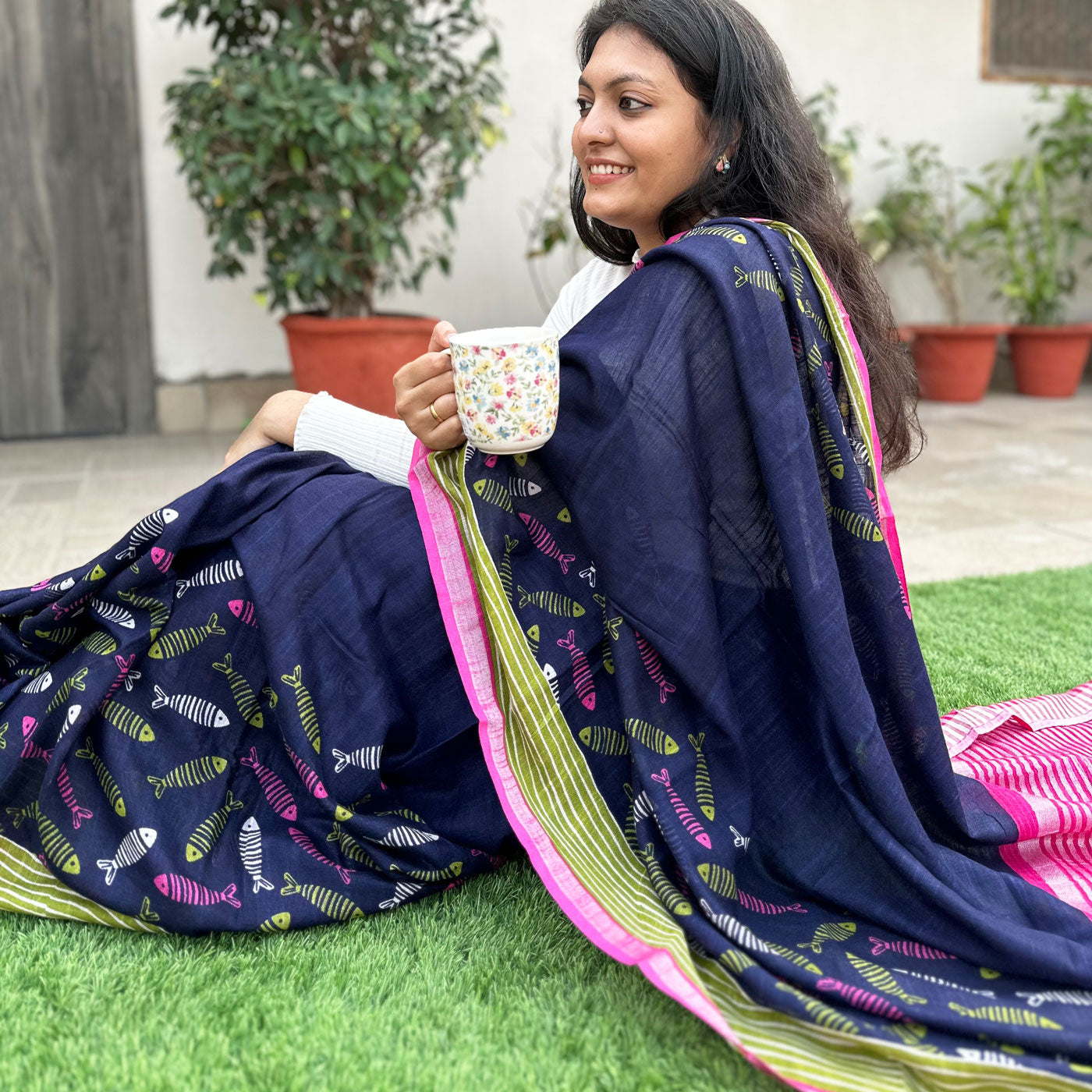 Fishing Blues Cotton Saree