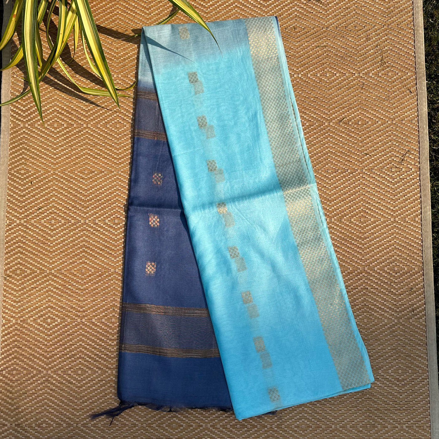 French Blue Cotton Silk Saree