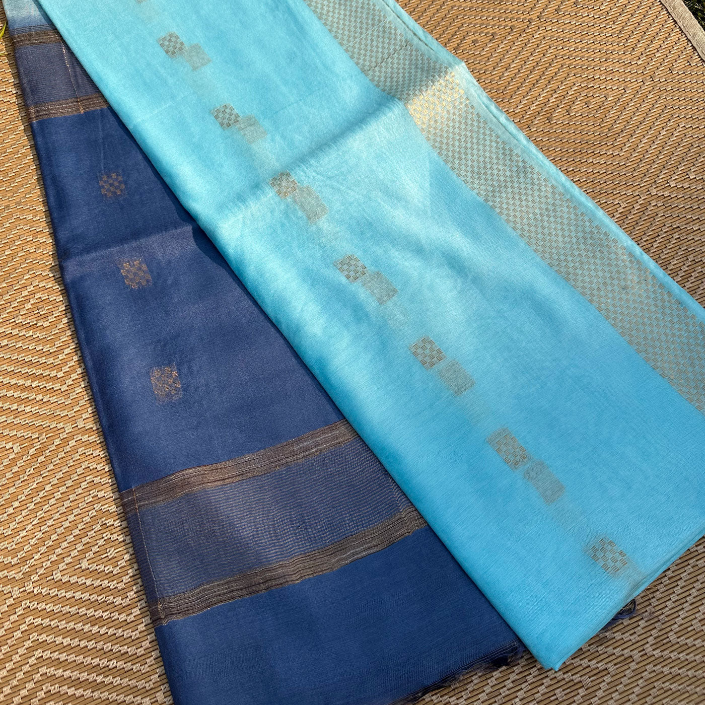 French Blue Cotton Silk Saree