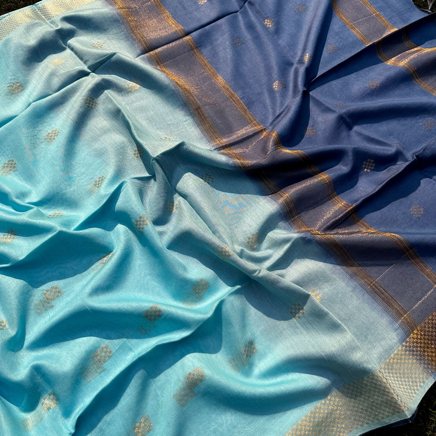 French Blue Cotton Silk Saree