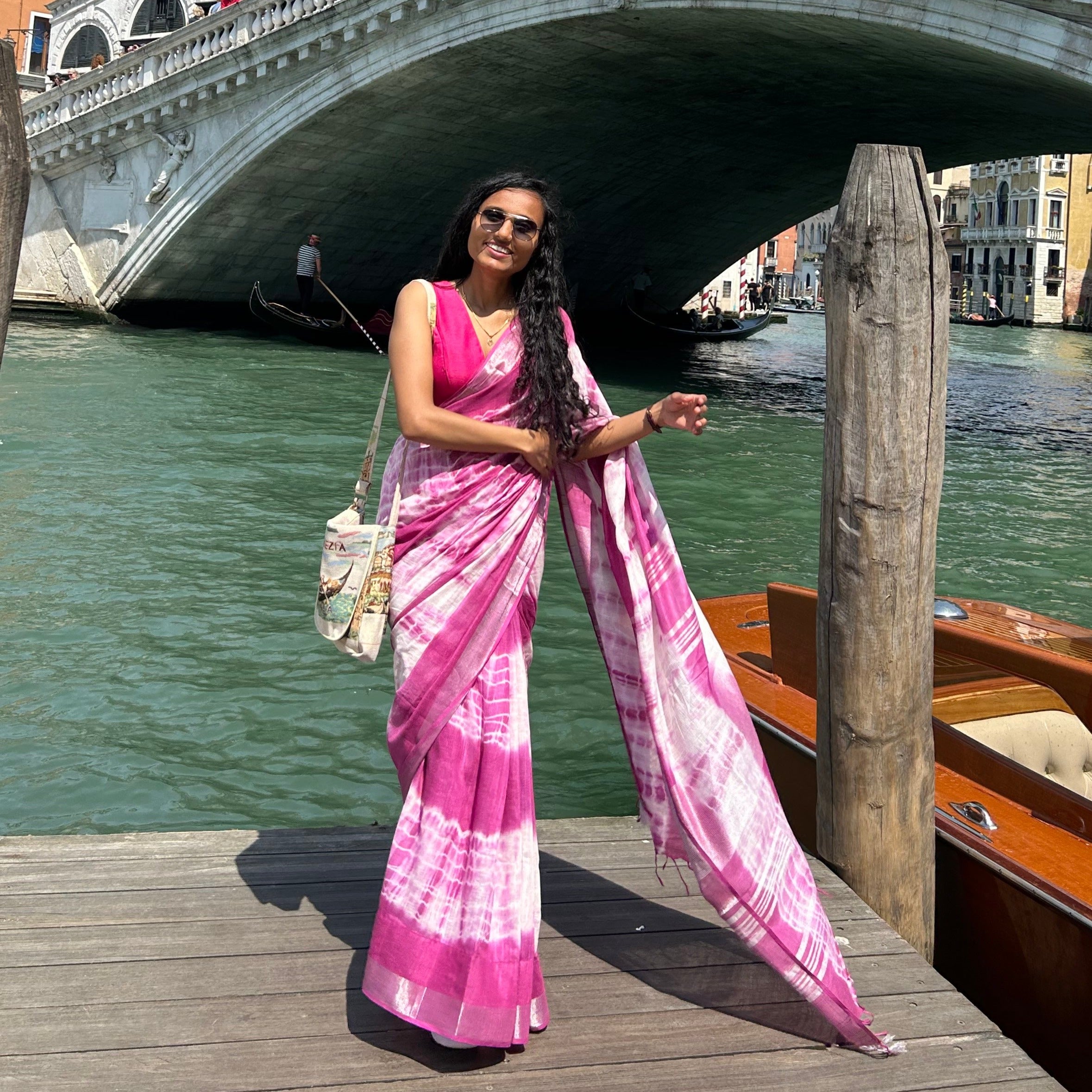 Super Pink Shibori Cotton Linen Saree