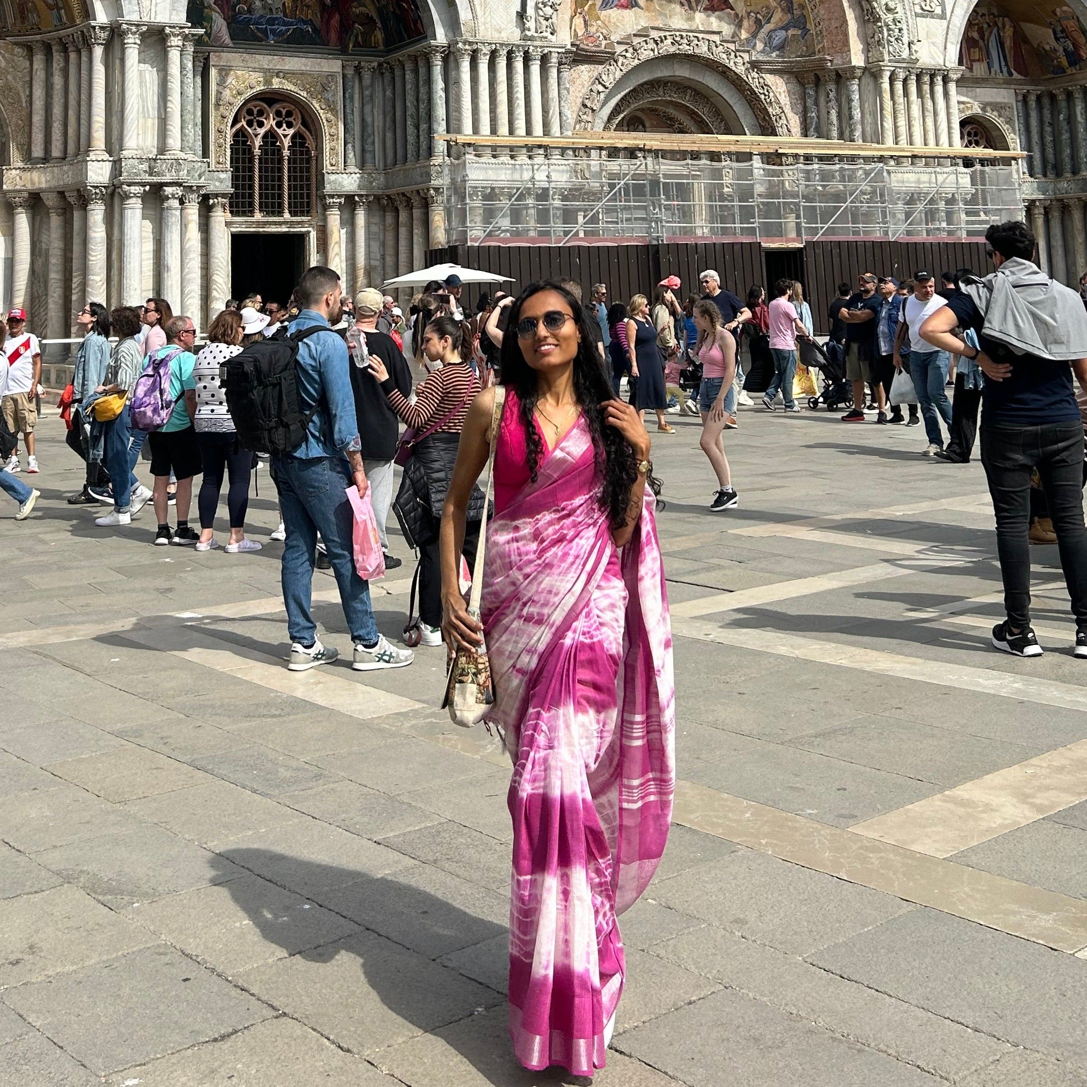 Super Pink Shibori Cotton Linen Saree