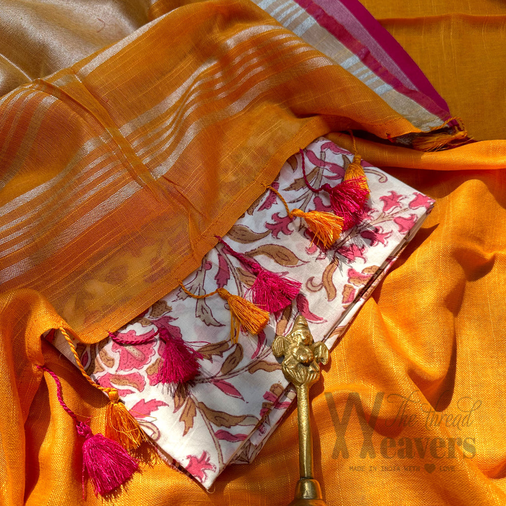 Linen Cotton Jacquard Patta Border Sarees With Blouse One