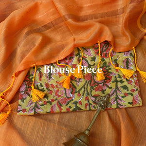 Kesariya Cotton Saree with Printed Blouse