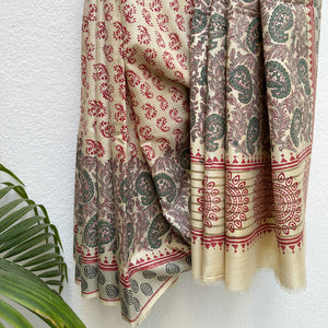 Paisley Garden Handblock Printed Desi Tussar Silk Saree