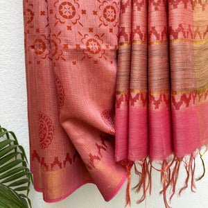 Parijat Handblock Printed Moonga Silk Saree