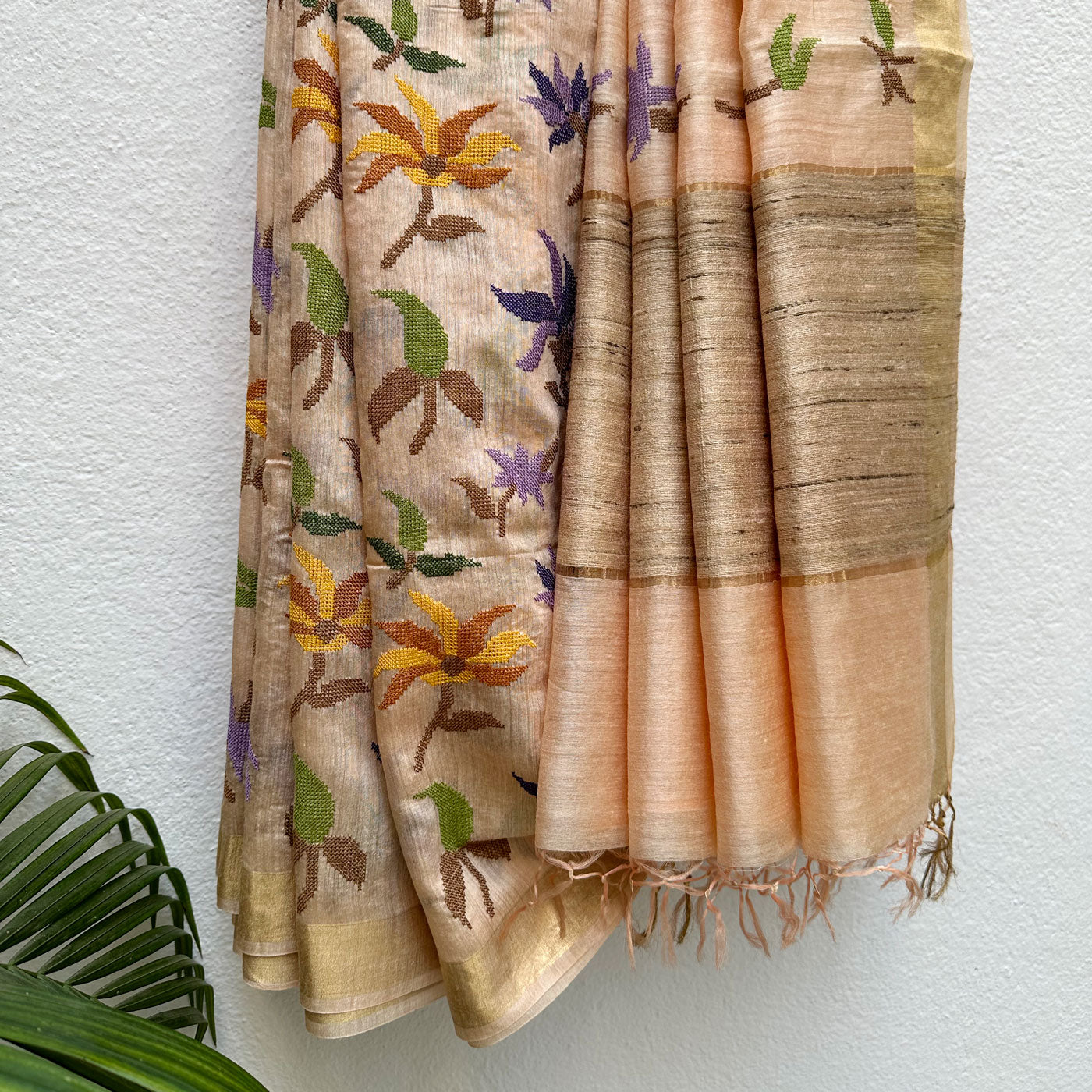 Peach Blossom Embroidered Desi Tussar Silk Saree