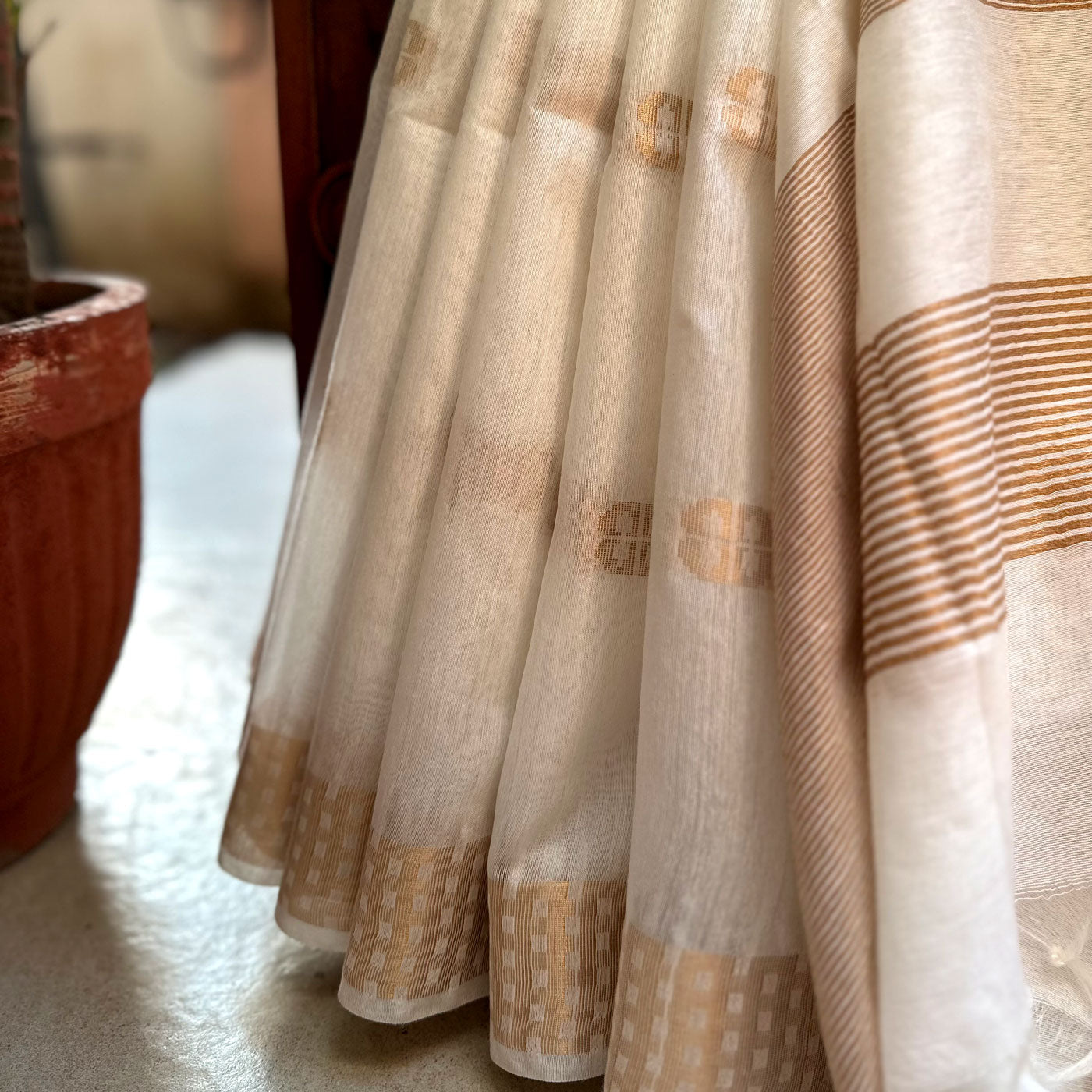 White and Gold cotton silk saree