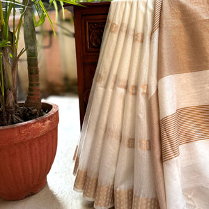 White and Gold cotton silk saree