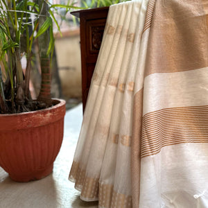 White and Gold cotton silk saree