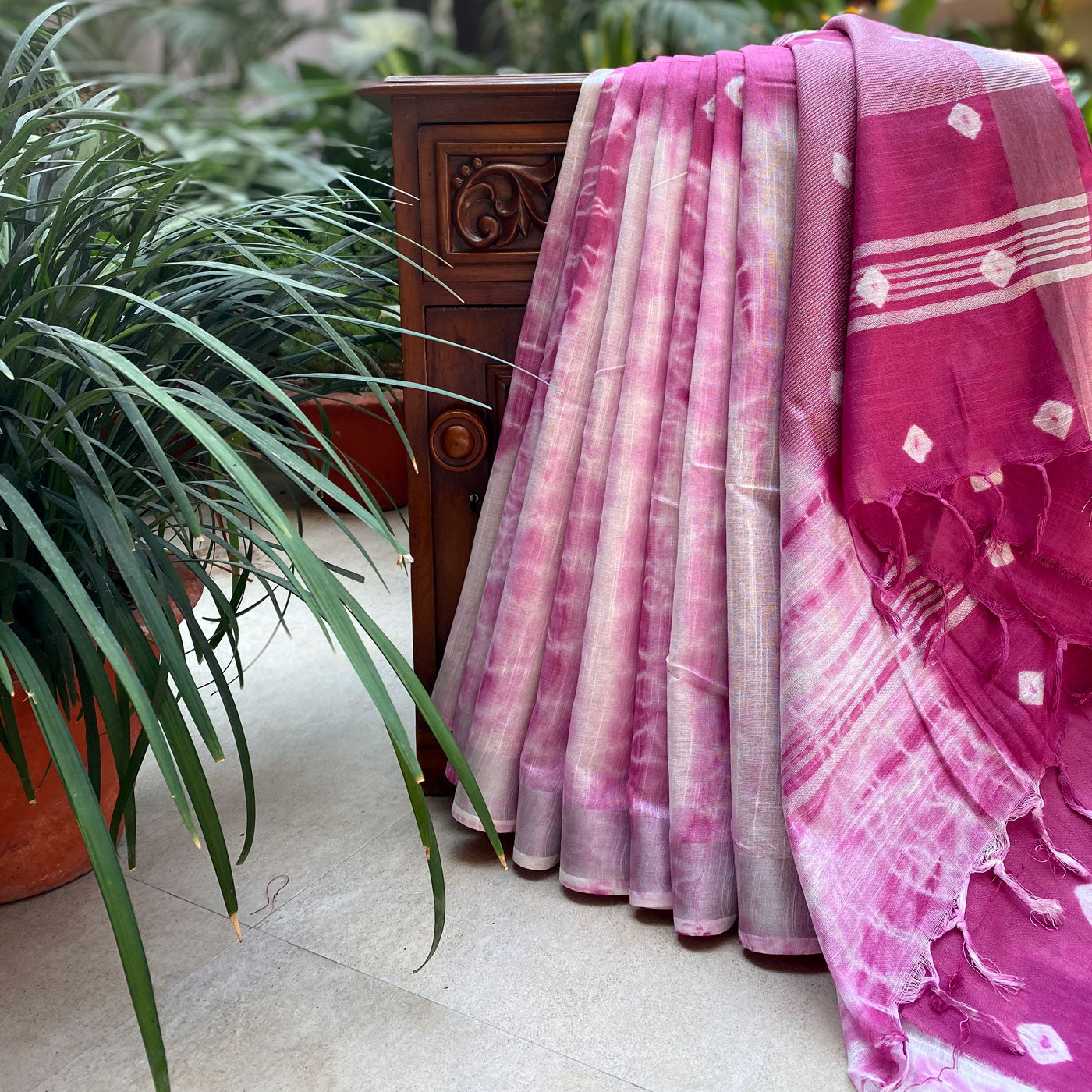 Zari Border Green Shibori Print Chanderi Cotton Mix Saree