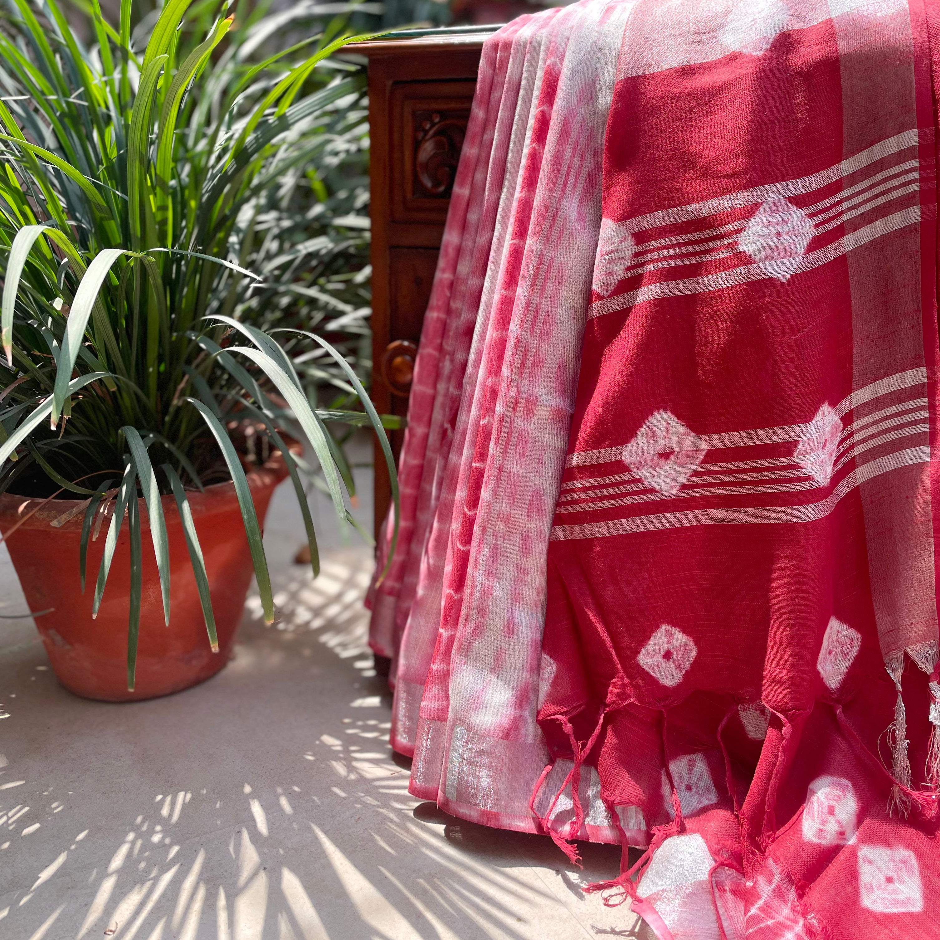 California Poppy Shibori Cotton Linen Saree