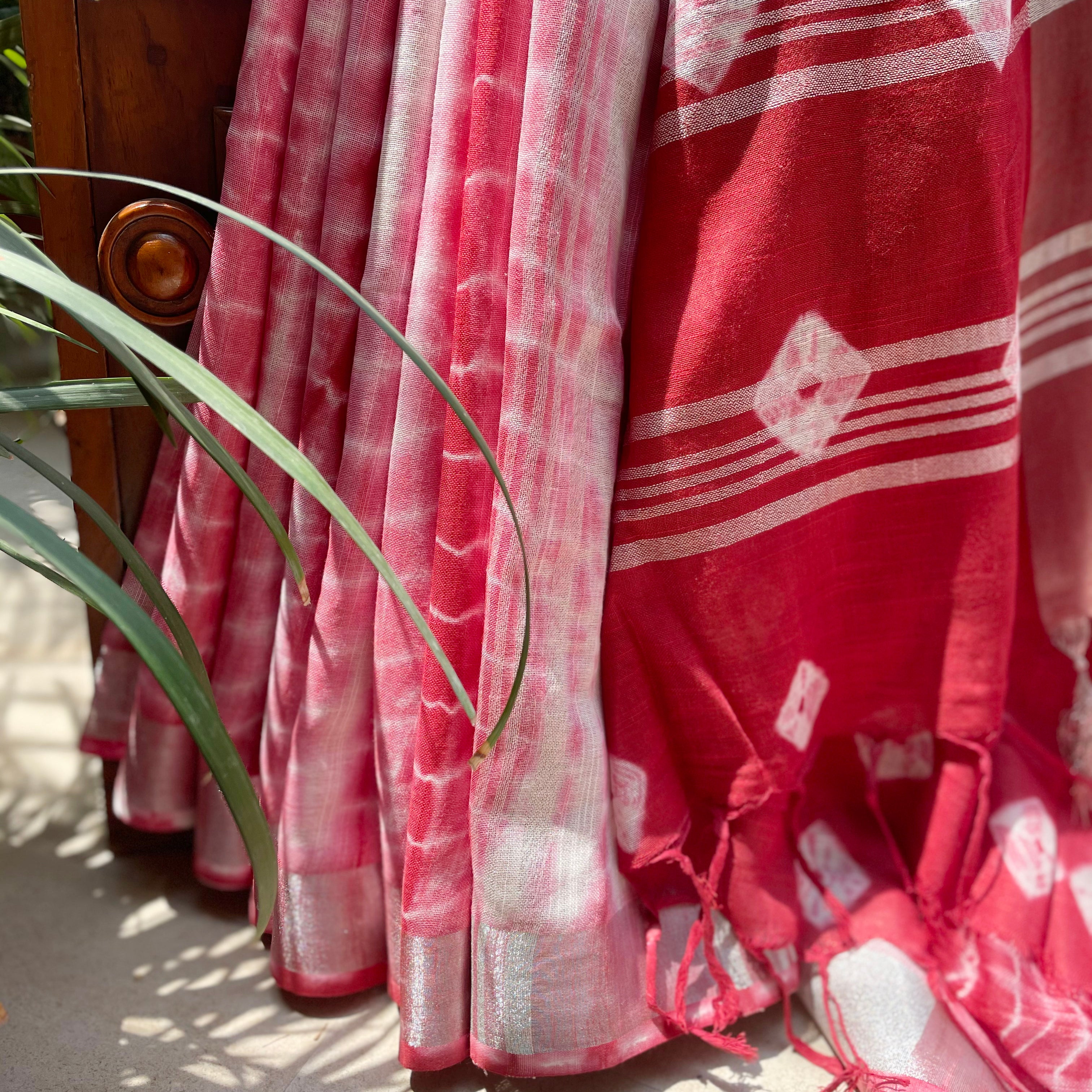 California Poppy Shibori Cotton Linen Saree