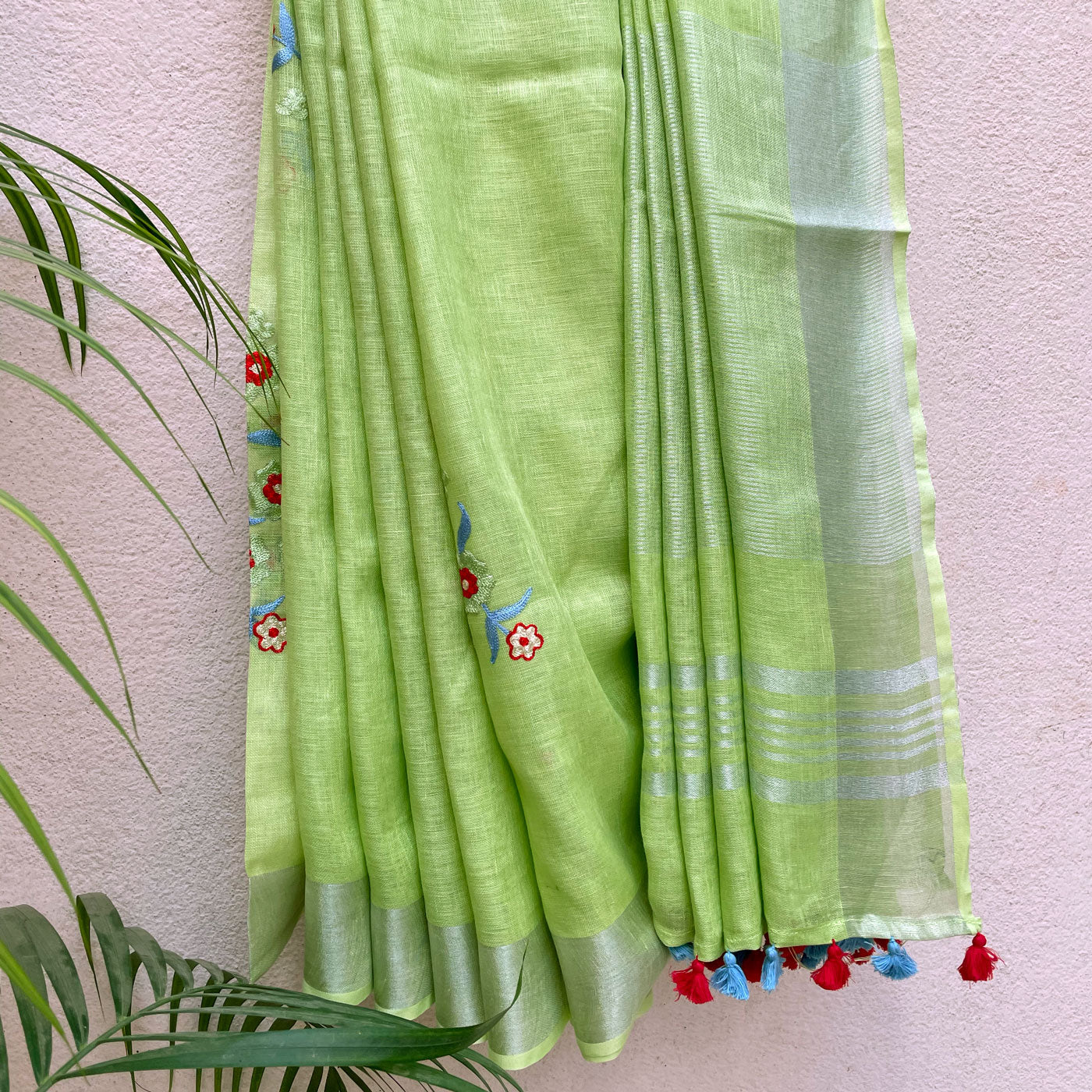 Celery Green Linen Embroidered Saree