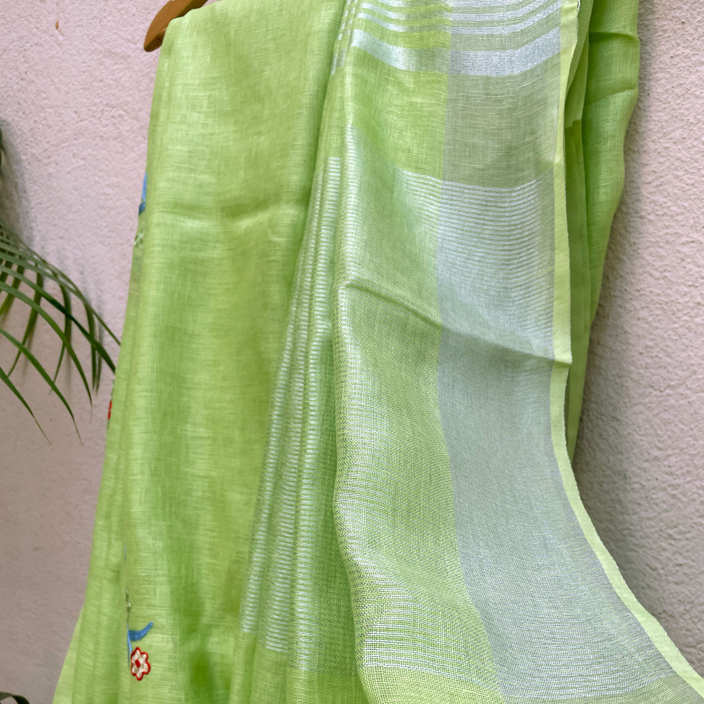 Celery Green Linen Embroidered Saree