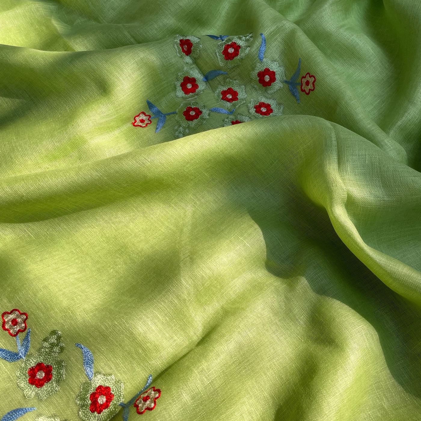 Celery Green Linen Embroidered Saree