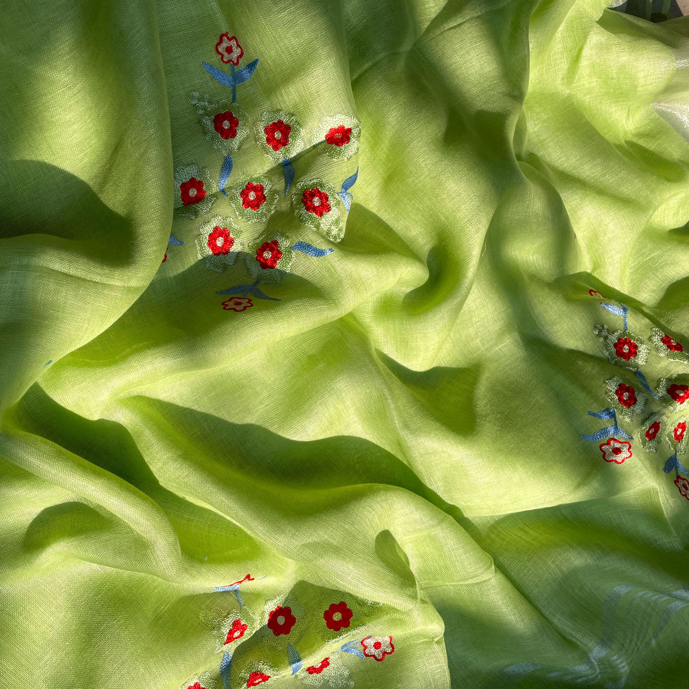 Celery Green Linen Embroidered Saree