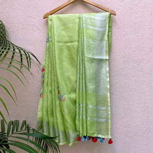 Celery Green Linen Embroidered Saree