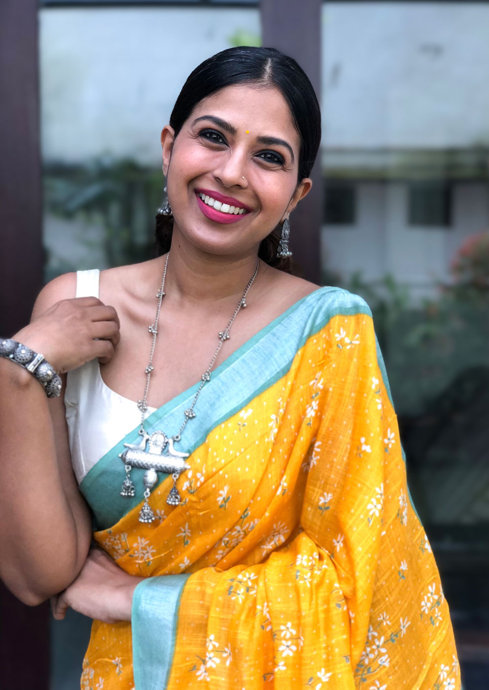 Off White and Muted Gold linen saree