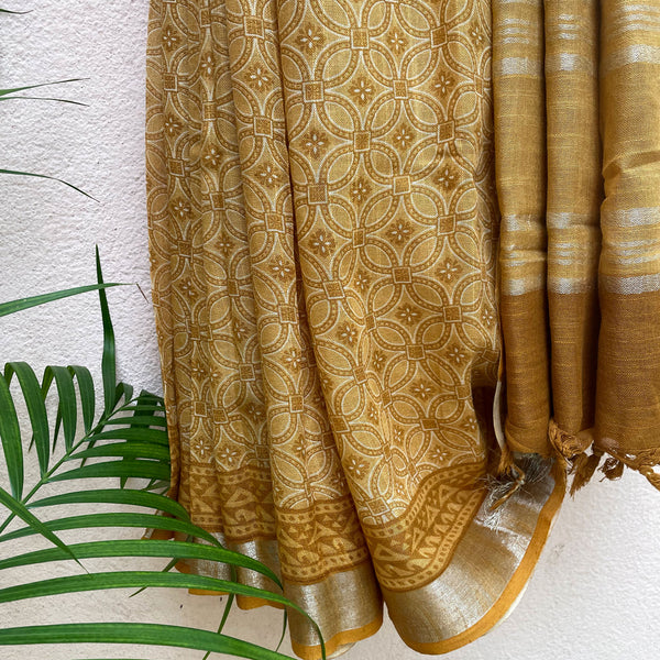 Metallic Warm Golden Zari Linen Handloom Saree | Karustuti