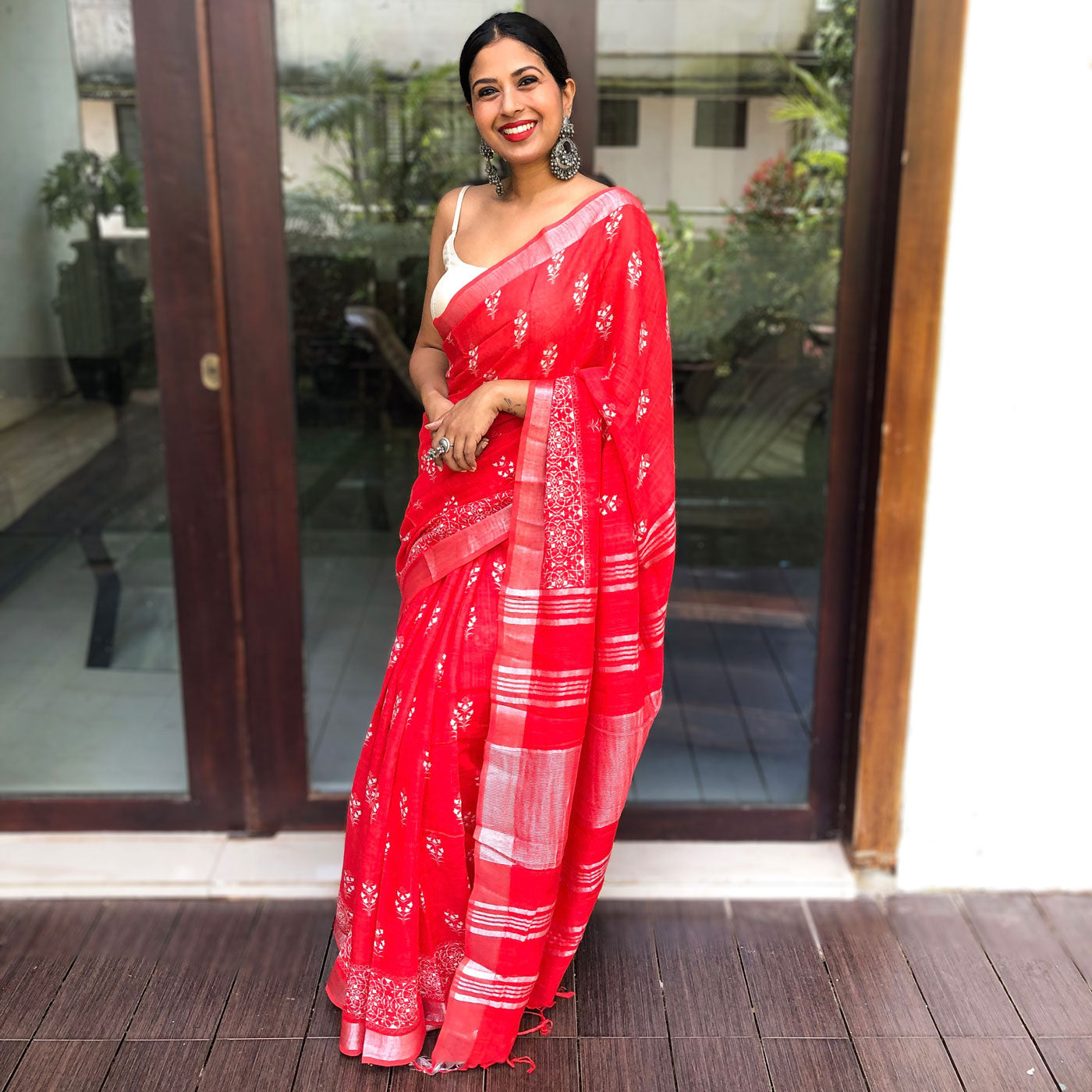 Hibiscus Red Organic Linen Saree