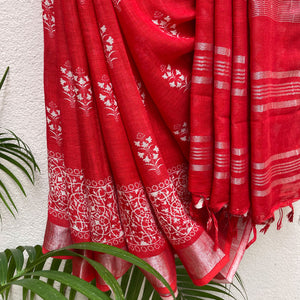 Hibiscus Red Organic Linen Saree