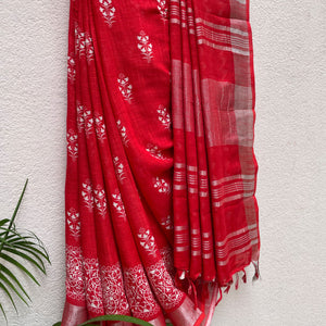 Hibiscus Red Organic Linen Saree