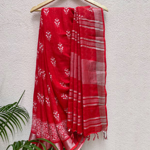 Hibiscus Red Organic Linen Saree