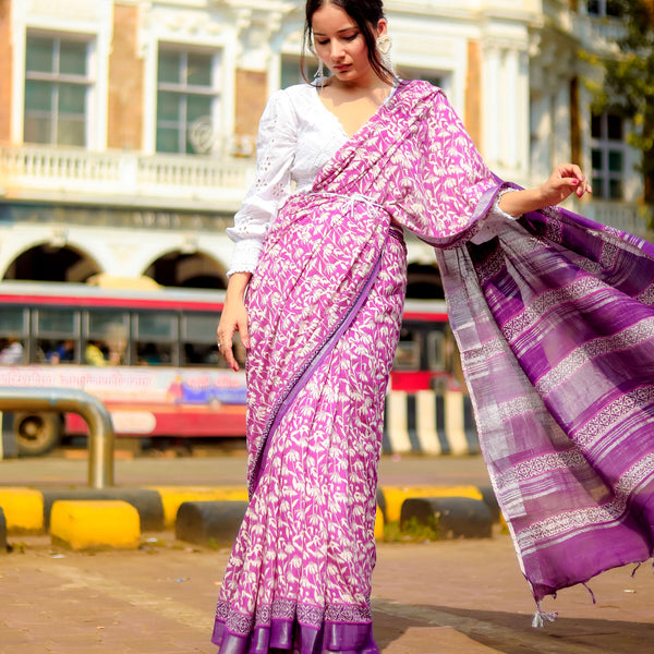 Boutique Collection Orange And Off- White Linen Printed Saree|SARV144013