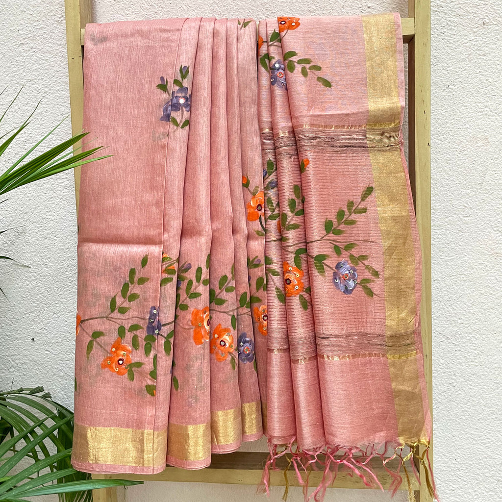 Hand Painted and embroidered Silk Saree