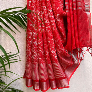 Scarlet Red Organic Linen Saree