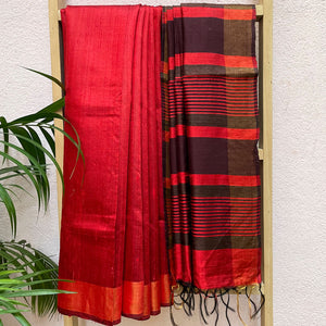 Rose Red Tussar Dupion Silk Saree