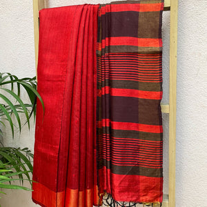 Rose Red Tussar Dupion Silk Saree