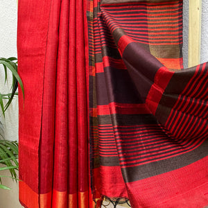 Rose Red Tussar Dupion Silk Saree