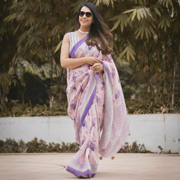 Shades Of Pink Floral Printed linen Saree with Zari Border – Ethnos