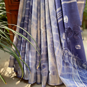 Indigo Blue Shibori Cotton Linen Saree