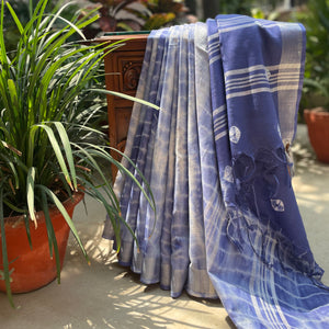 Indigo Blue Shibori Cotton Linen Saree