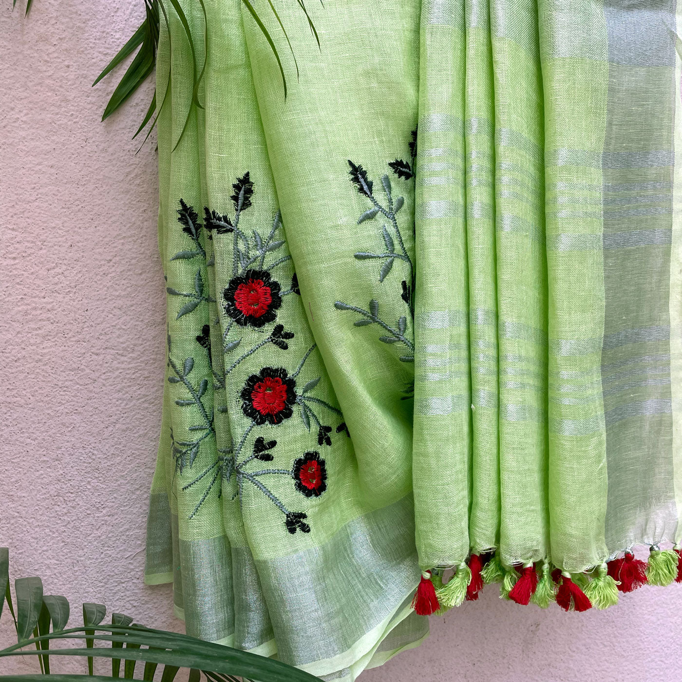 Lemon Grass Linen Embroidered Saree